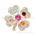 Wholesale Four Leaf Clover-shaped Brooch in Bulk, Made of Alloy/Rhinestones, Crystals